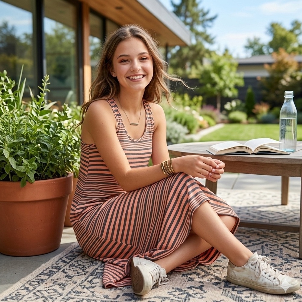 Xhilaration Peach and Charcoal Striped Top
